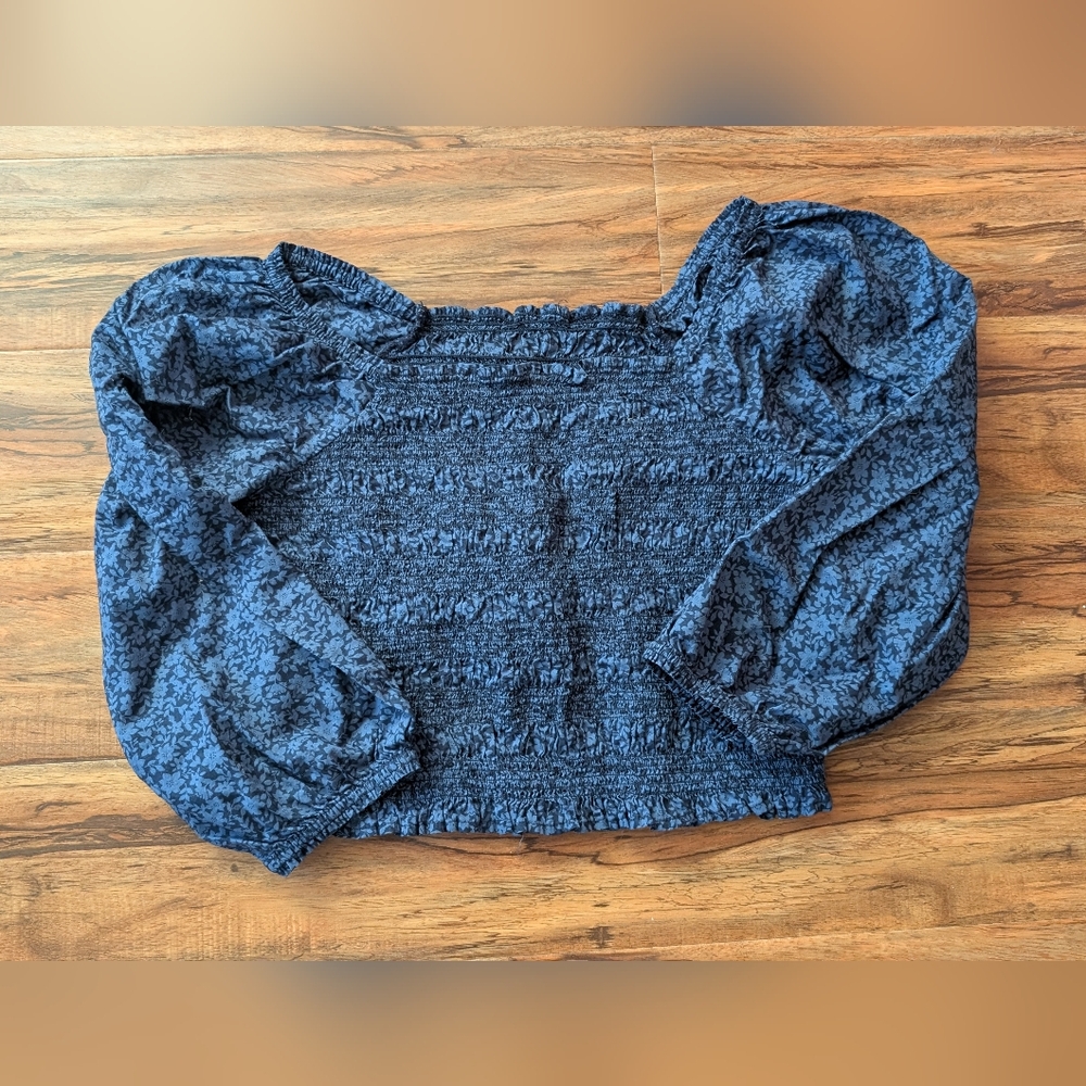 Blue Smocked Puff Sleeve Blouse - Picture 6 of 8